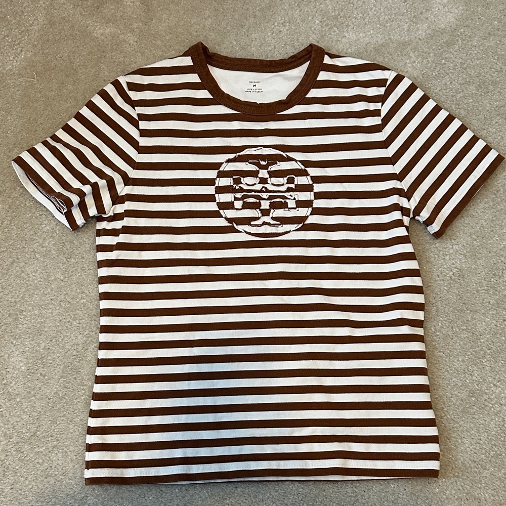 Tory Burch Chocolate and White Striped Tee